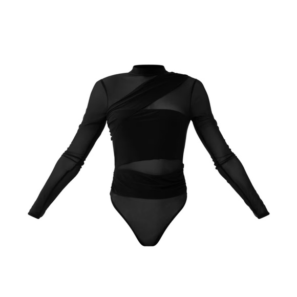 PLT: Black Mesh Drape Front High Neck Long Sleeve Bodysuit - Picture 2 of 5